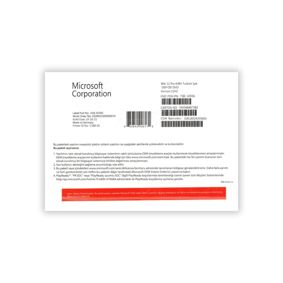 Windows 11 Pro 64Bit OEM Zarf TR FQC-10556