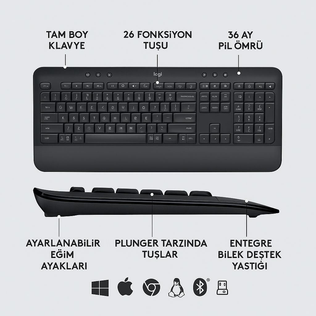 Logitech MK650 Klavye ve Mouse Seti Türkçe Q - Siyah