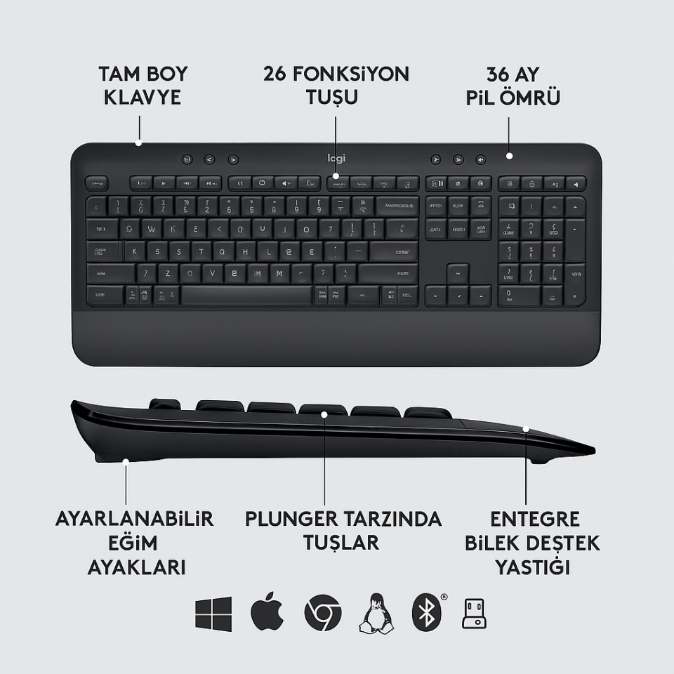 Logitech Signature MK650 Kablosuz Klavye Mouse Seti Türkçe Q- Siyah